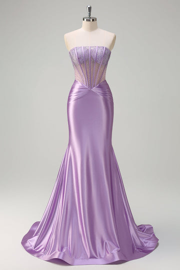 Vestido de fiesta largo con corsé transparente sin tirantes de sirena lila brillante con abalorios